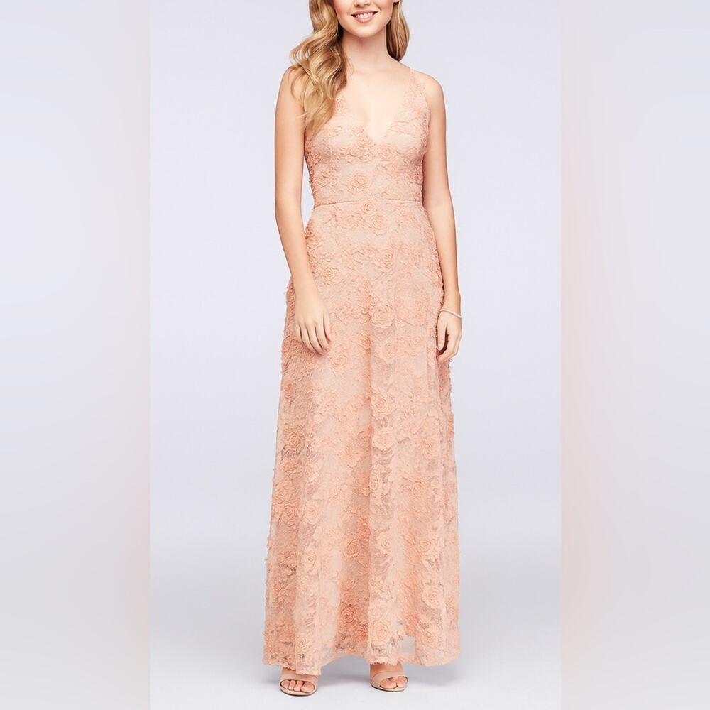 Xscape Lace Maxi peach 3D Floral wedding Guest dress Size 14
